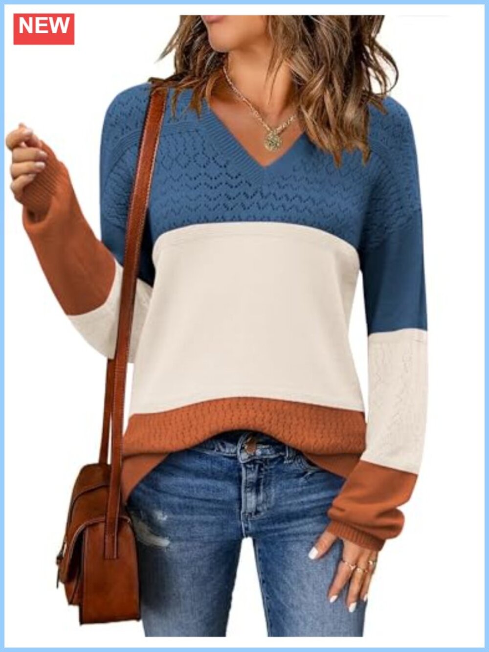 V Neck Pullover Sweater Crochet Cable Knit Lantern Sleeve